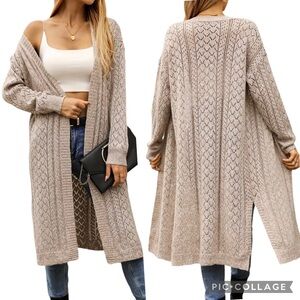 New Open Front Solid Crochet Hollow Cardigan Knit Long Sleeve Split Neutral NWT